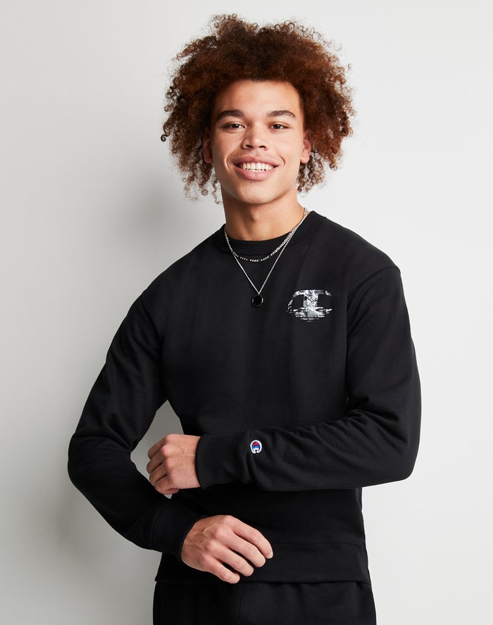 Champion Powerblend Fleece Crew Chasing Waves Sweatshirt Heren - Zwart - Belgie 0527PXEGI